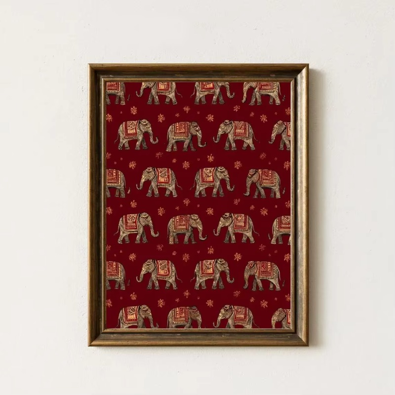 Interior Design Layout - Indisches Elefantenmuster-Druckbild, Rote Textil-Wandkunst, Boho-Tribal-Dekor, Orientalisches