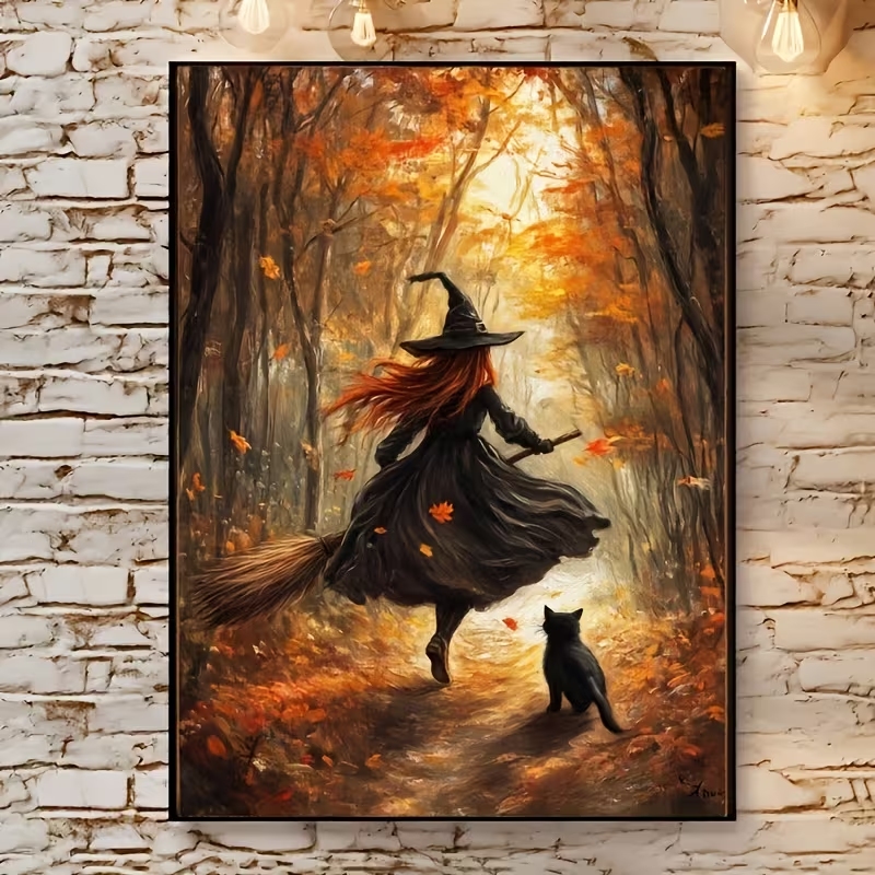 Interior Design Living Room - Retro Halloween Herbsthexe auf Besenrad Wandkunstdruck