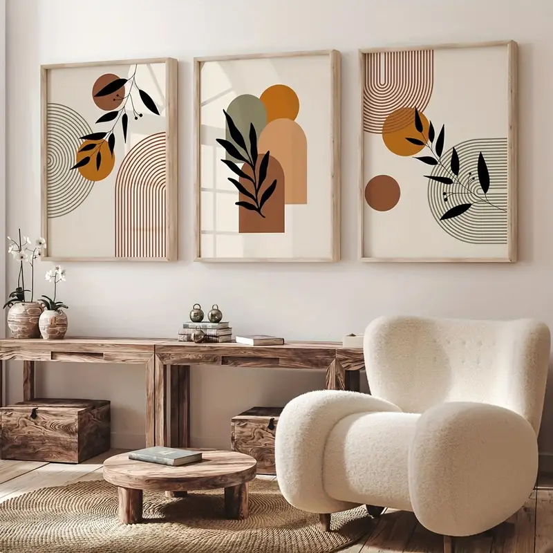 Abstract Canvas Set - 3-teiliges Set Bohemian-Style Pflanzen- und Geometrie-Abstrakt-Poster,